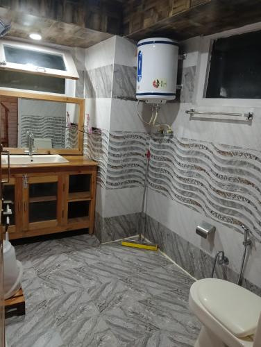 un baño con lavabo e inodoro en Tirthan Jaabal Homestay, en Gushaini
