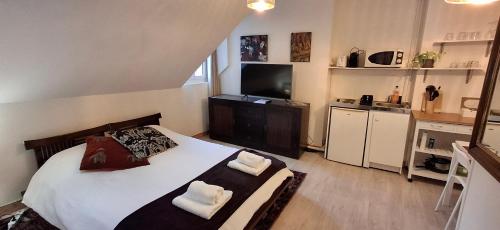 - une chambre avec un grand lit et 2 serviettes blanches dans l'établissement appartement chez Eric 7, à Tours