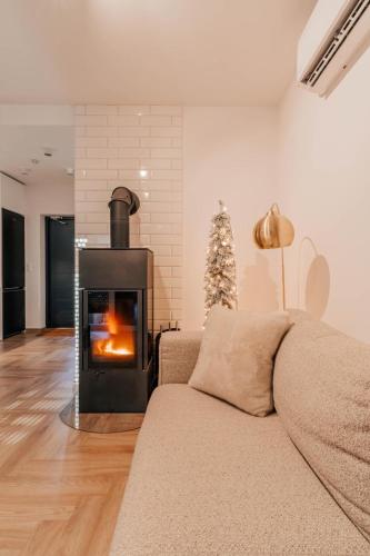 a living room with a couch and a fireplace at Sea & Sun in Wierzchucino