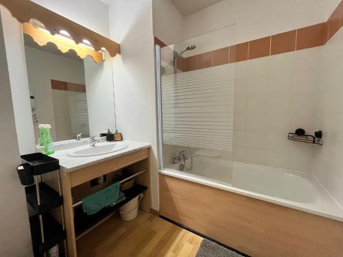 une salle de bain avec un lavabo et une baignoire dans l'établissement Studio équipé / proche du centre, à Samoëns
