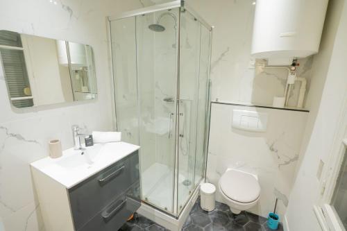une salle de bain avec une douche, des toilettes et un lavabo dans l'établissement Grand studio loft bien equipe a Paris 15 - 2P - FLAT-GUEST, à Paris