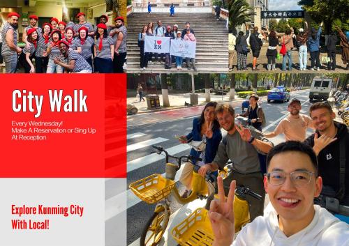 a collage of photos of people on a city street at Kunming Upland International Youth Hostel ,near the city center ,2 mins walk to the subway, 2 mins walk to the Green Lake, Close to Yuan tong Temple, Old street, Yunnan University, convenient payment and visa cards are accepted in Kunming