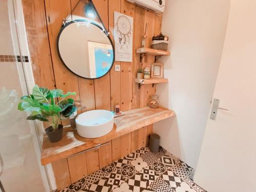 une salle de bain avec un lavabo et un miroir dans l'établissement Superbe T2 au calme avec balcon sur la marina - 10, à Canet