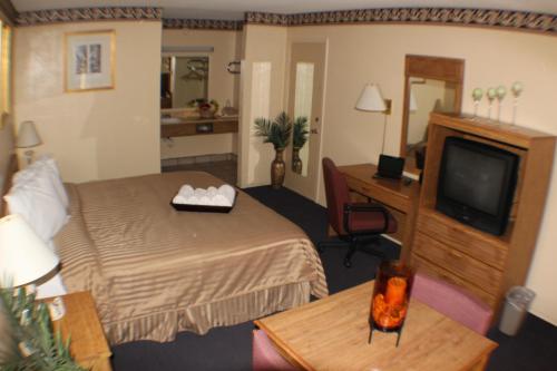 a hotel room with a bed and a desk and a television at Value Inn & Suites - Harlingen in Harlingen