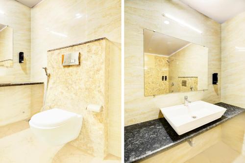 ウダイプールにあるTownhouse Shobhagpura Formerly Fragrance Hotelのバスルーム(トイレ、洗面台付)の写真2枚