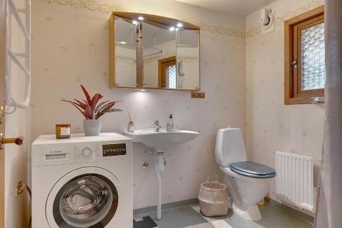 a bathroom with a washing machine and a sink at The Copper Cottage in Löddeköpinge