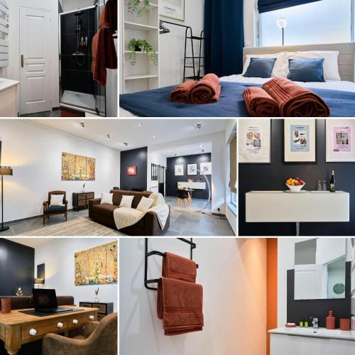 un collage de photos d'une chambre et d'un salon dans l'établissement La Galerie 17 - Premium central location, à Valenciennes