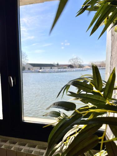 - une fenêtre avec vue sur une étendue d'eau dans l'établissement Le bassin - Vue canal du midi avec climatisation et garage, à Castelnaudary