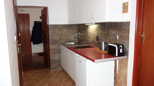 a kitchen with white cabinets and a counter top at Guest House Melusine in Loučná pod Klínovcem