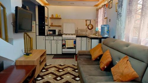 Una sala de estar con un sofá y una cocina. en Vineyard Villa in Kerugoya, en Keruguya