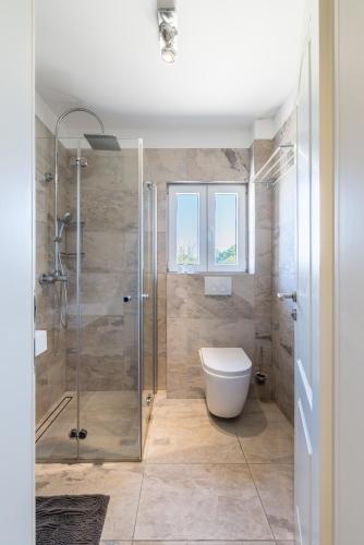 a bathroom with a glass shower and a toilet at Villa Luce del Sole in Mirce