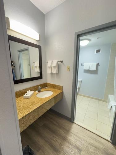 a bathroom with a sink and a mirror and a shower at Super 8 by Wyndham Dallas Love Field Airport in Dallas