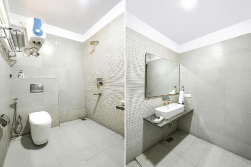 two pictures of a bathroom with a sink and a toilet at FabHotel Silver Oak BnB - Nr Yashobhoomi Convention Centre in Jāmb