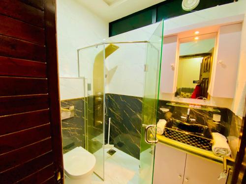 a bathroom with a shower and a sink and a toilet at Moonlight Guest House in Rawalpindi