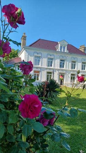 une grande maison blanche avec des fleurs roses au premier plan dans l'établissement La Carte Postale, à Oye-Plage
