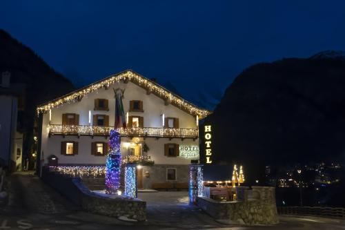 a hotel with christmas lights in front of it at Hotel Des Glaciers in Courmayeur