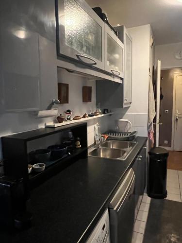 - une cuisine avec un plan de travail noir et un évier dans l'établissement Deux chambres indépendantes dans appartement moderne, à Clichy
