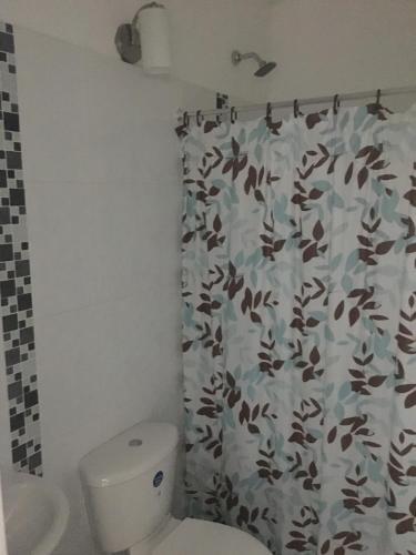 a bathroom with a toilet and a shower curtain at Finca Jerusalen in Tobia