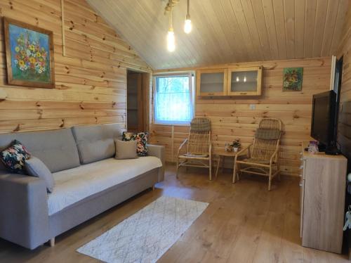 a living room with a couch and a tv at Domek pod sosnami in Grodziczno