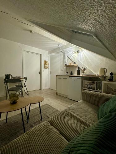 un salon avec un canapé et une table et une cuisine dans l'établissement Studio La tête dans les étoiles, à Metz