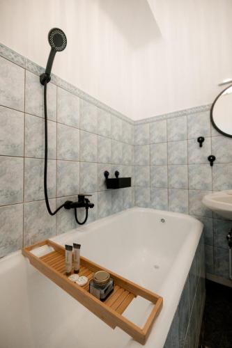a bathroom with a bath tub with a shower at Decebal Modern Studio - Central Arad in Arad