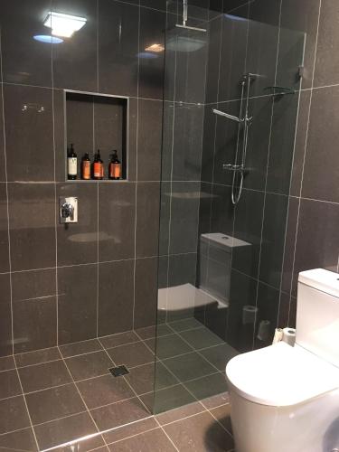 a bathroom with a glass shower with a toilet at The Glen in Raleigh