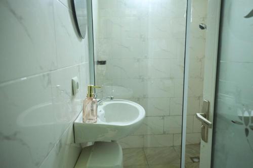 a bathroom with a sink and a glass shower at AMP Lodge in Kumasi