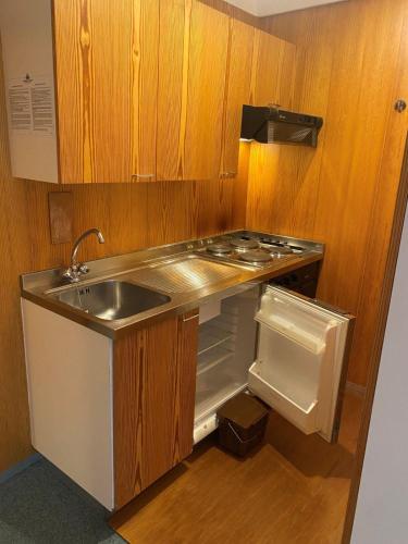 a small kitchen with a sink and a stove at Residence Solaria, Albarè, Marilleva 1400 in Marilleva
