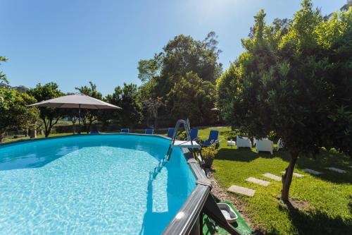 a swimming pool in a yard with an umbrella at Quinta Santo António Amares in Amares