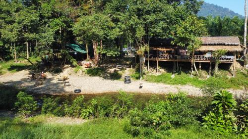 a house in the middle of a field with trees at Khaosok August Freedom Camp in Khao Sok