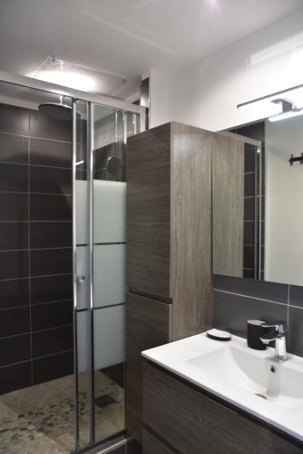 ein Badezimmer mit Waschbecken und Spiegel in der Unterkunft Chez Denis et Isabelle in Pornic