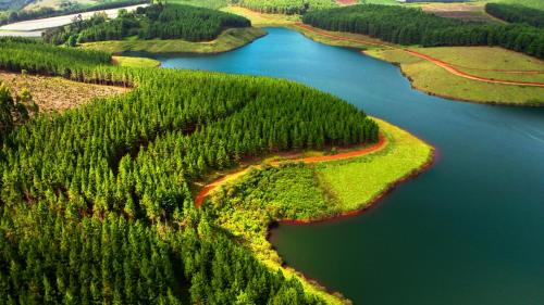 an aerial view of a river with trees and water at Stanford Lake lodge in Haenertsburg