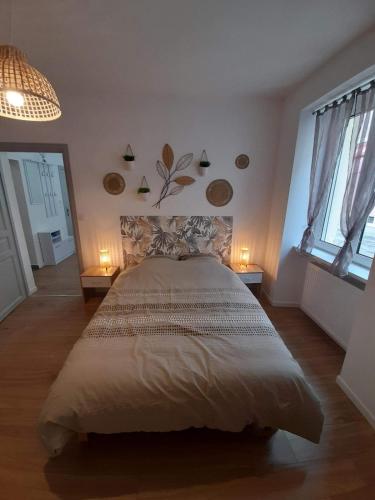 une chambre avec un grand lit et deux fenêtres dans l'établissement T2 Spacieux et Confortable, à Mulhouse