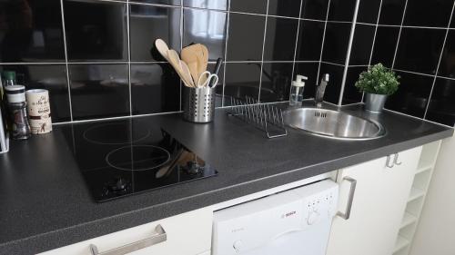 Il comprend une cuisine équipée d'une cuisinière et d'un évier. dans l'établissement Modern and cozy studio 2 minutes from Porte d'Orléans, à Paris