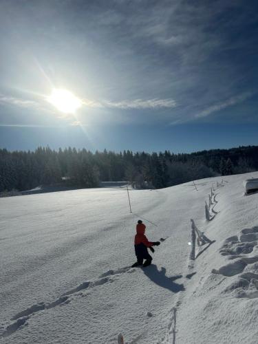 une personne traverse un champ enneigé dans l'établissement Gîte Cinquetral, à Saint-Claude