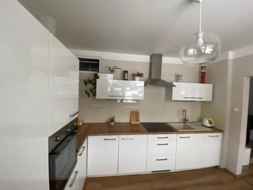 a kitchen with white cabinets and a sink at Apartmán U Rybníčku in Loučná nad Desnou