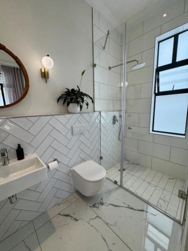 a bathroom with a toilet and a shower and a sink at Casa Montanari in Cape Town