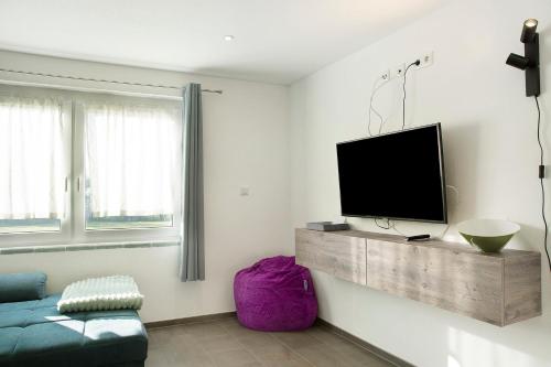 a living room with a flat screen tv on a wall at Pur Wohnen - Wohnung West in Bad Griesbach