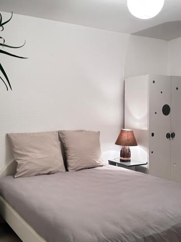 a white bedroom with a bed and a lamp at T2 au rez de chaussée dans propriété privée, au bord de l'eau à 15 minutes de Nancy in Toul