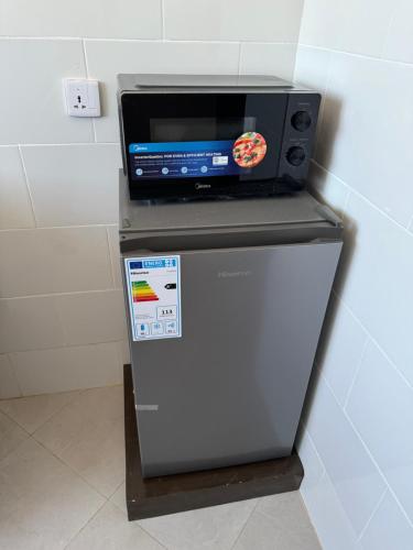 a microwave sitting on top of a refrigerator at Eastern City Apartments in Dodoma