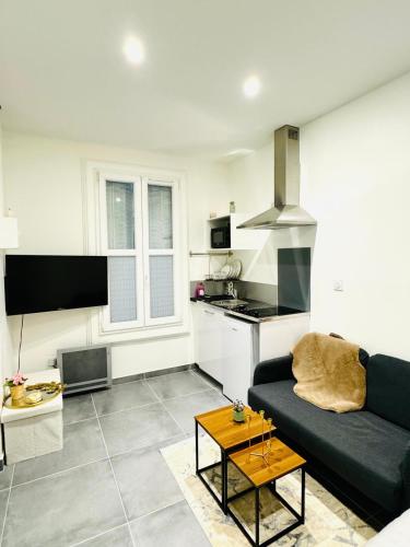 un salon avec un canapé et une table dans l'établissement Appartement cosy, à Livry-Gargan