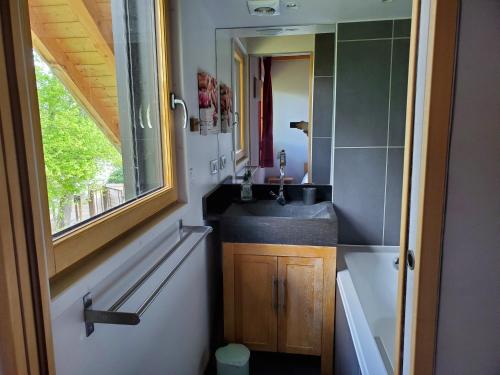 une petite salle de bain avec un lavabo et un miroir dans l'établissement Villa spacieuse et lumineuse à 2 pas du Lac d'Annecy, à Saint-Jorioz