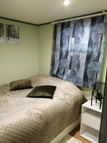 a bedroom with a bed and a window with a pillow at Les Dolmens in Trois-Ponts