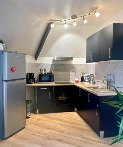 une cuisine avec un réfrigérateur en acier inoxydable et des armoires noires dans l'établissement Naturaë Amentes T2 55M à l' étage, à Saint-Amand-les-Eaux