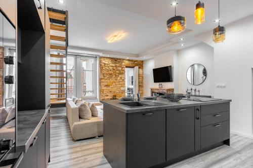 une cuisine avec deux lavabos et un salon dans l'établissement Le Chic de Saint-Jean - Dans le centre historique, à Nancy