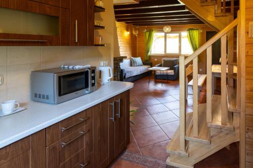 a kitchen with a microwave and a living room at Maniówka - pokoje i domki w Bieszczadach in Maniów