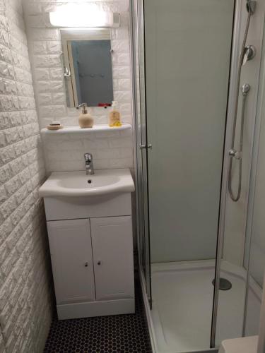 une salle de bain blanche avec un lavabo et une douche dans l'établissement Appartement cosy Barcelonnette, à Barcelonnette