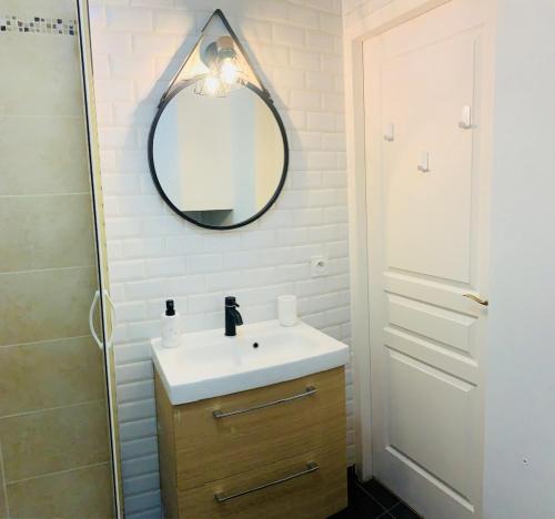 une salle de bain avec un lavabo et un miroir dans l'établissement Studio Downtown Private Parking, à Montlhéry