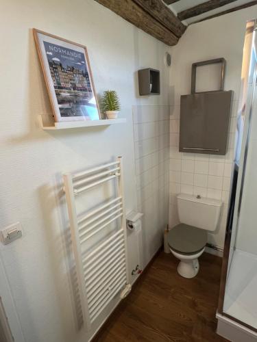 een badkamer met een toilet en een tv aan de muur bij Une Pause Chez Julien, appartement lumineux et idéalement situé! in Honfleur