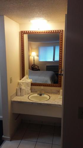 a bathroom with a sink in front of a mirror at Grays Harbor Inn & Suites in Aberdeen